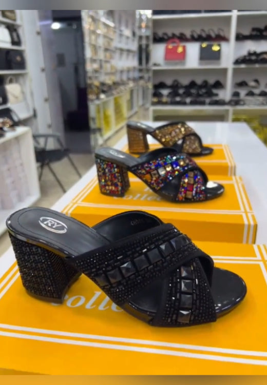 Colored square rhinestone high-heeled slippers