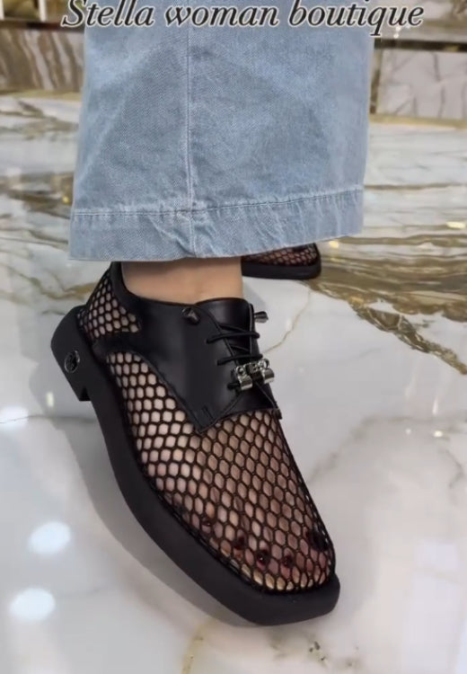 2025 Fashion fishnet leather casual shoes