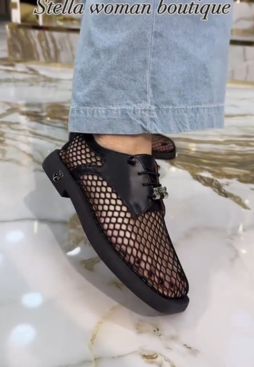 2025 Fashion fishnet leather casual shoes