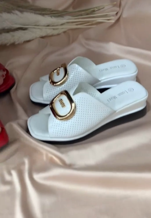 Women's alphabet metal buckle leather slippers