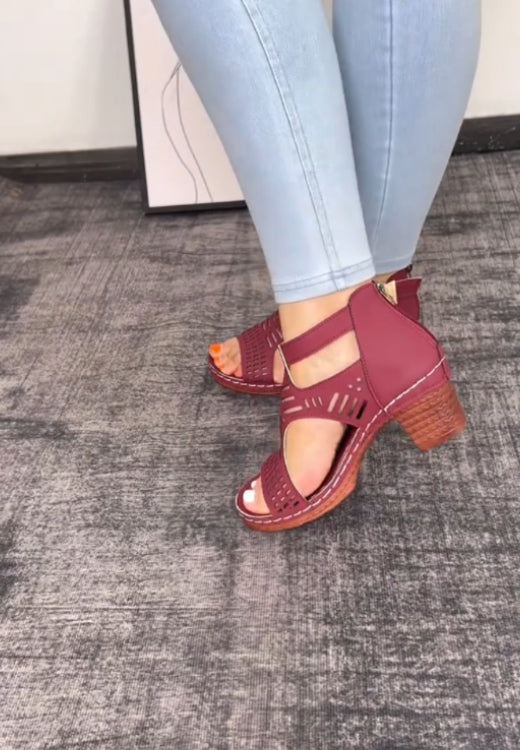 Women's Fashionable Plain Color HollowOut Design Block Heel Sandals
