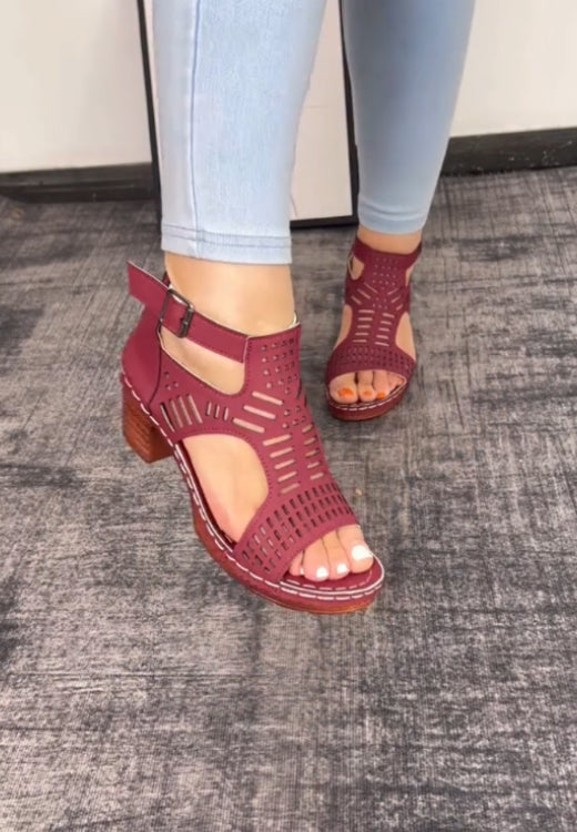 Women's Fashionable Plain Color HollowOut Design Block Heel Sandals