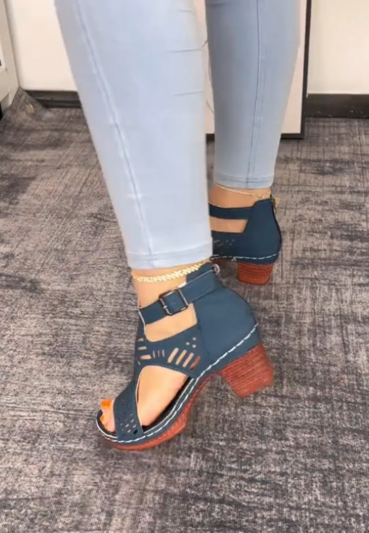 Women's Fashionable Plain Color HollowOut Design Block Heel Sandals