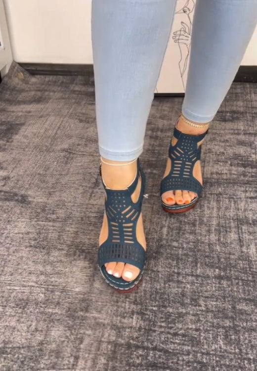 Women's Fashionable Plain Color HollowOut Design Block Heel Sandals