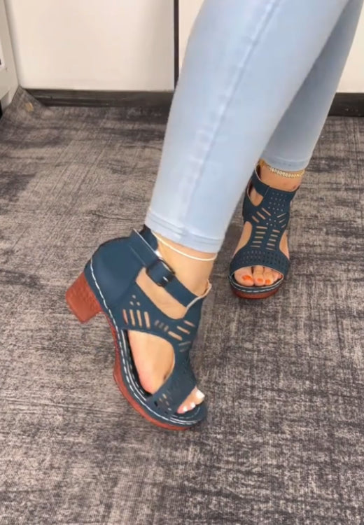 Women's Fashionable Plain Color HollowOut Design Block Heel Sandals