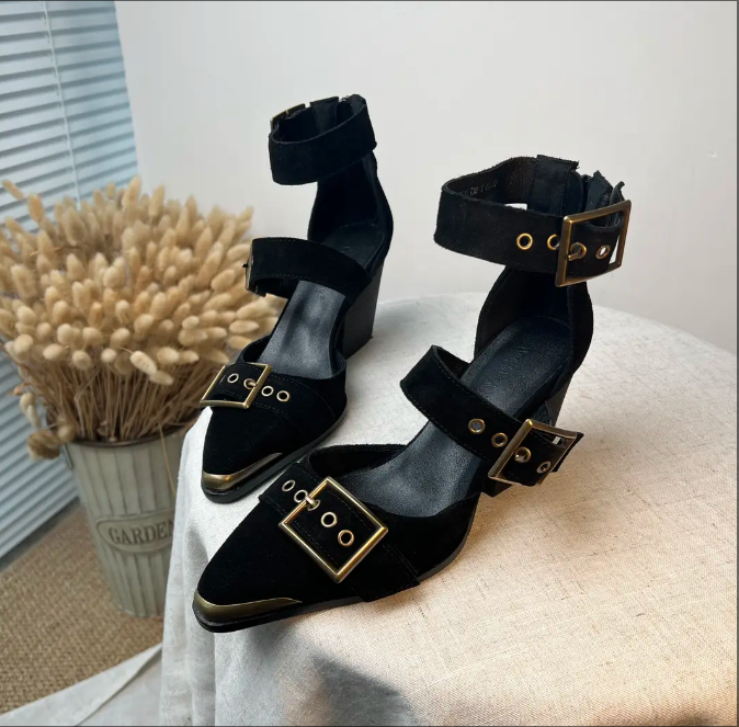 Women's high-heeled leather retro buckle thick-heeled sandals