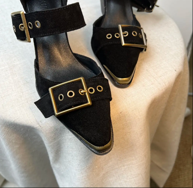 Women's high-heeled leather retro buckle thick-heeled sandals
