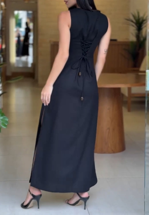 Elegant black drawstring dress with back