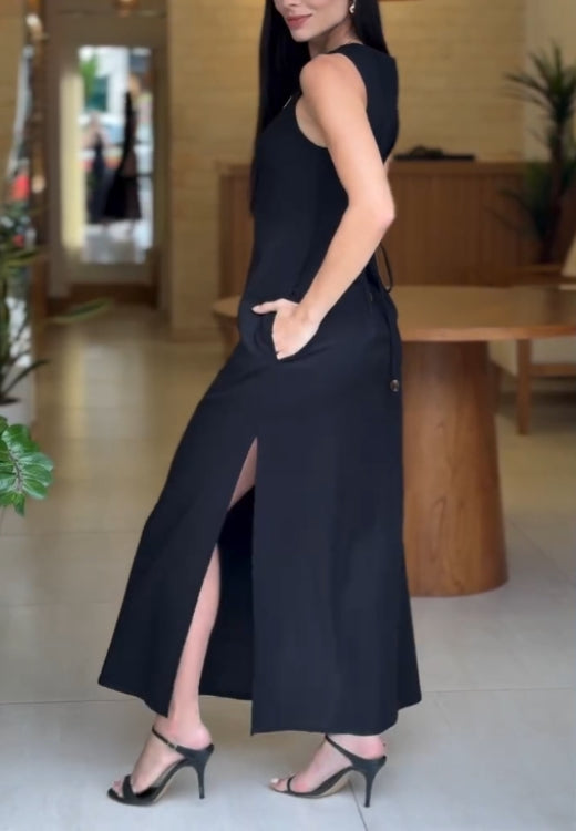 Elegant black drawstring dress with back