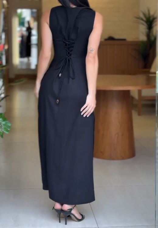 Elegant black drawstring dress with back