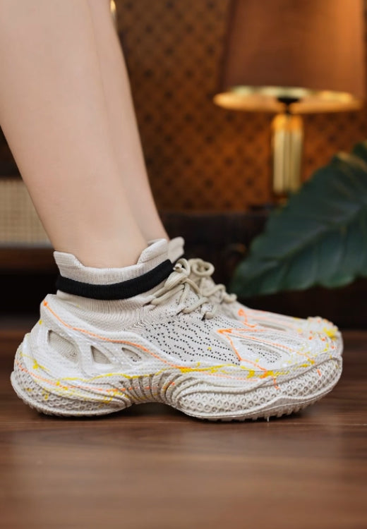 Men's summer new yellow striped high elastic flying woven shoes