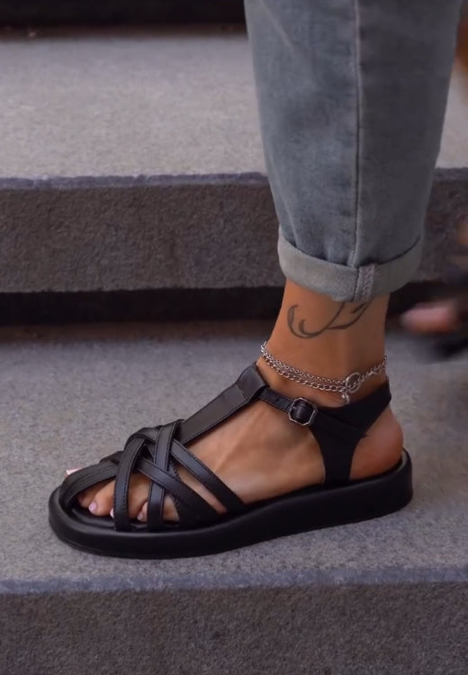 Black cross strap leather sandals