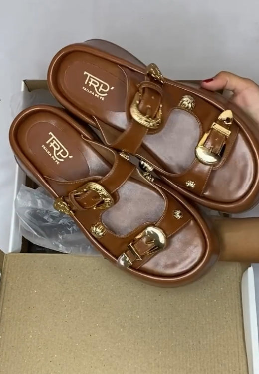 Fashion metal buckle retro heightening slippers
