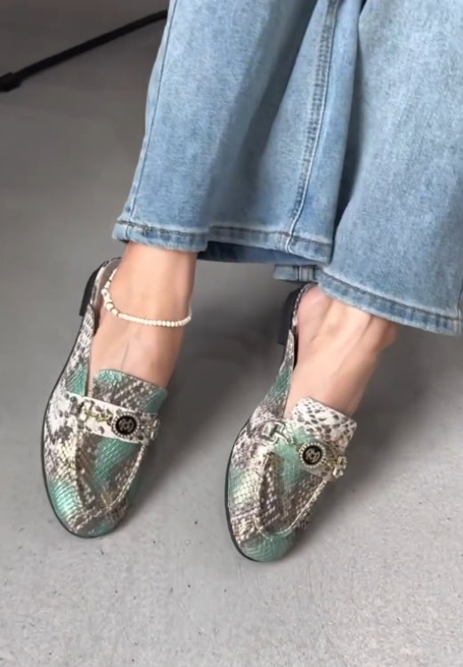 Elegant green metal buckle half-bag leather shoes