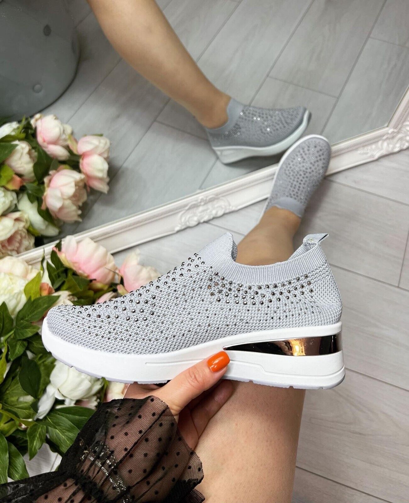 Thick-soled casual bright diamond flying woven shoes