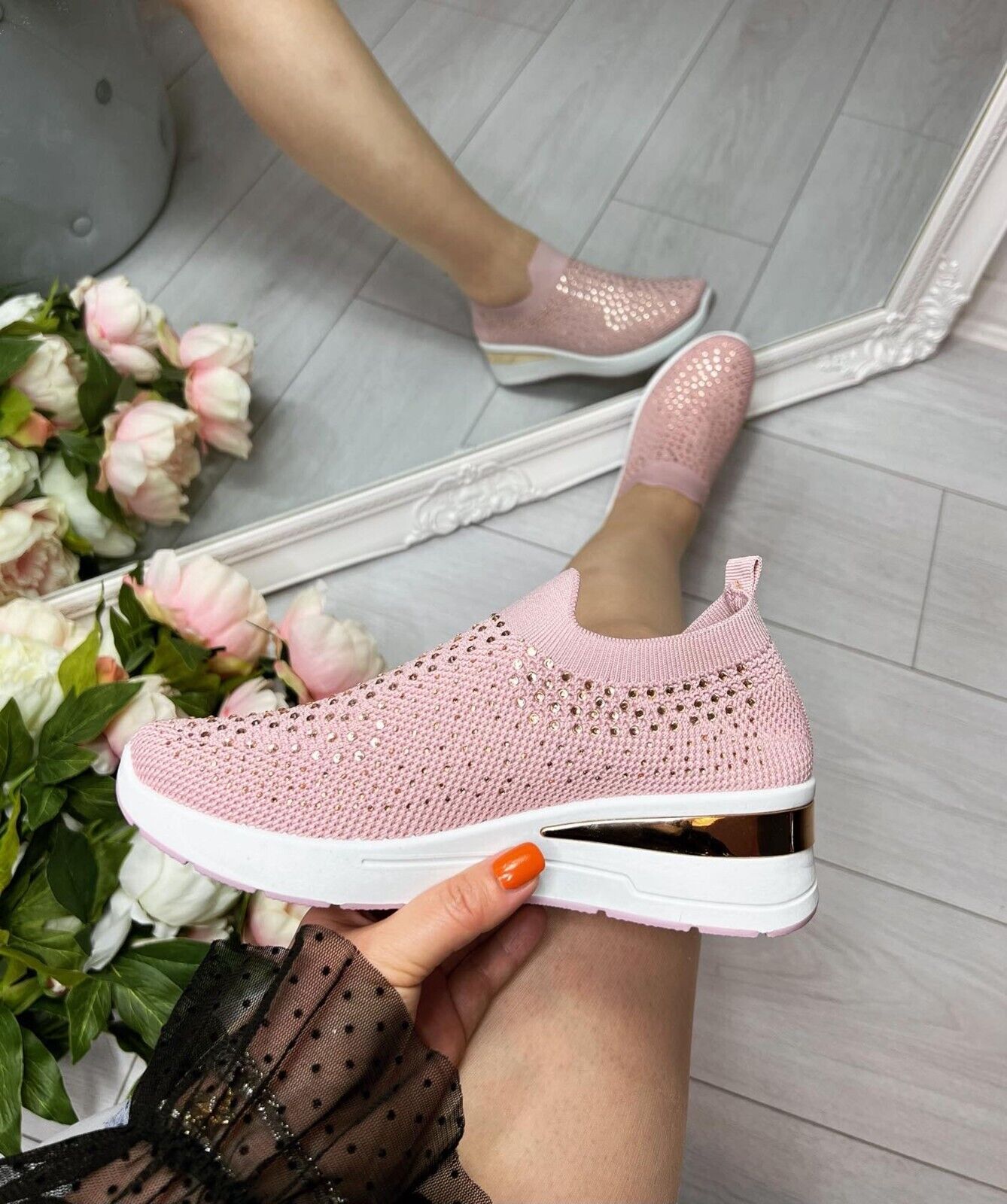 Thick-soled casual bright diamond flying woven shoes
