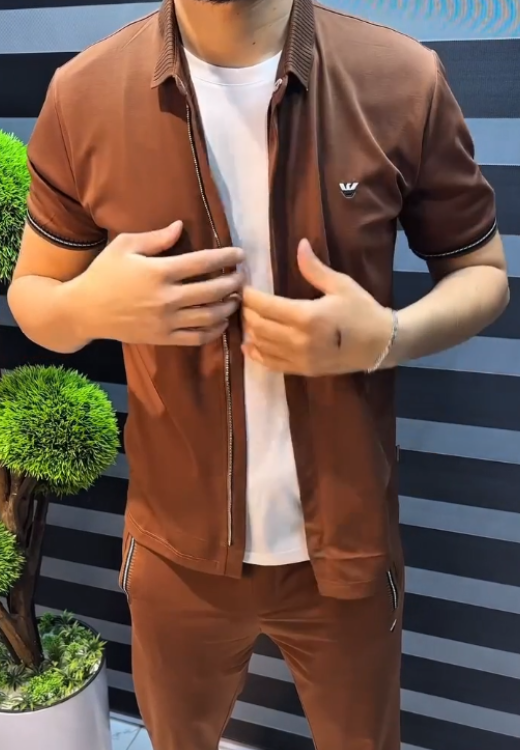 Brown ice silk zipper cardigan short sleeve