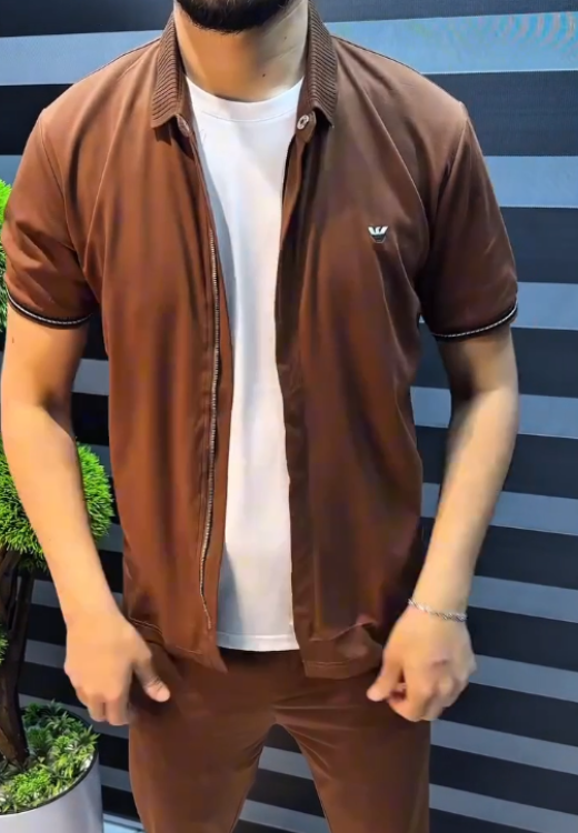 Brown ice silk zipper cardigan short sleeve