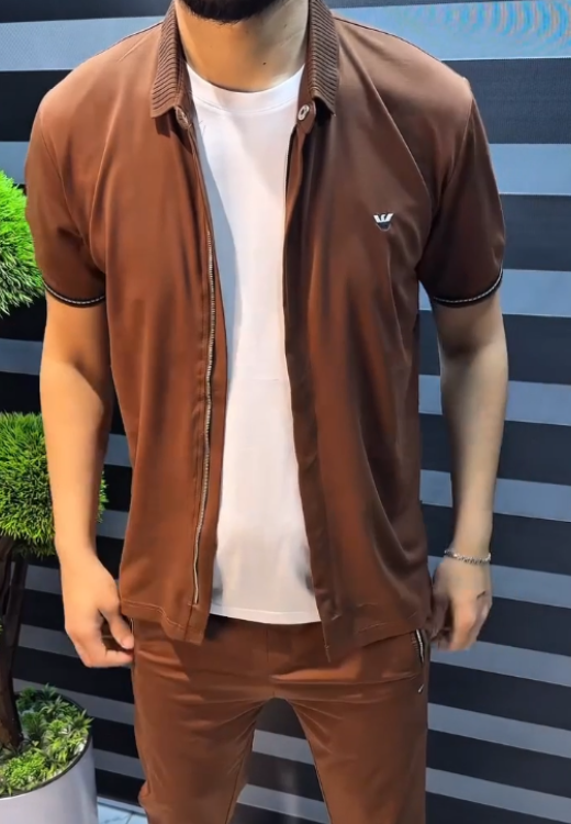 Brown ice silk zipper cardigan short sleeve