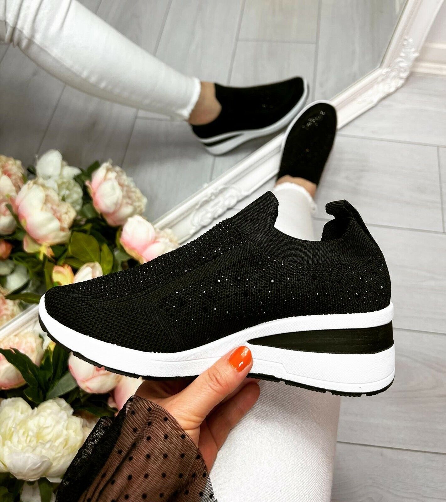 Thick-soled casual bright diamond flying woven shoes