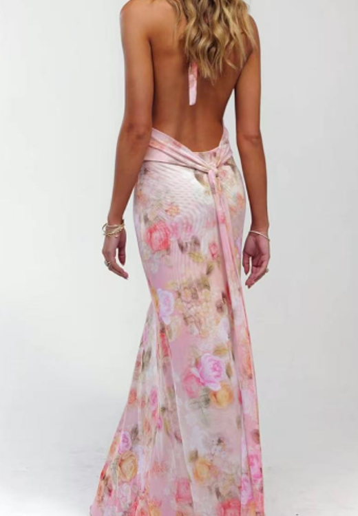 Women Long Dress,Sleeveless HalterDress Backless Flower