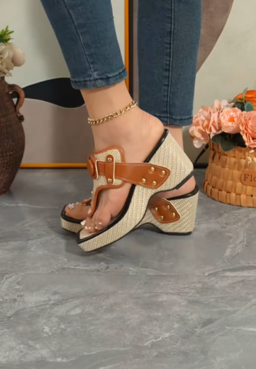 Fashion arch-supported leather stitching heightening slippers