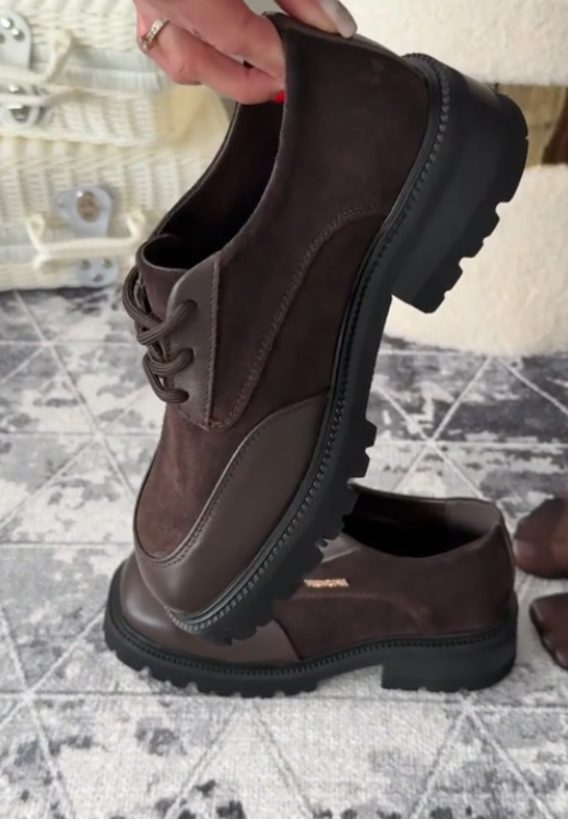 Women's high-quality brown leather stitching casual shoes