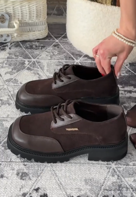 Women's high-quality brown leather stitching casual shoes