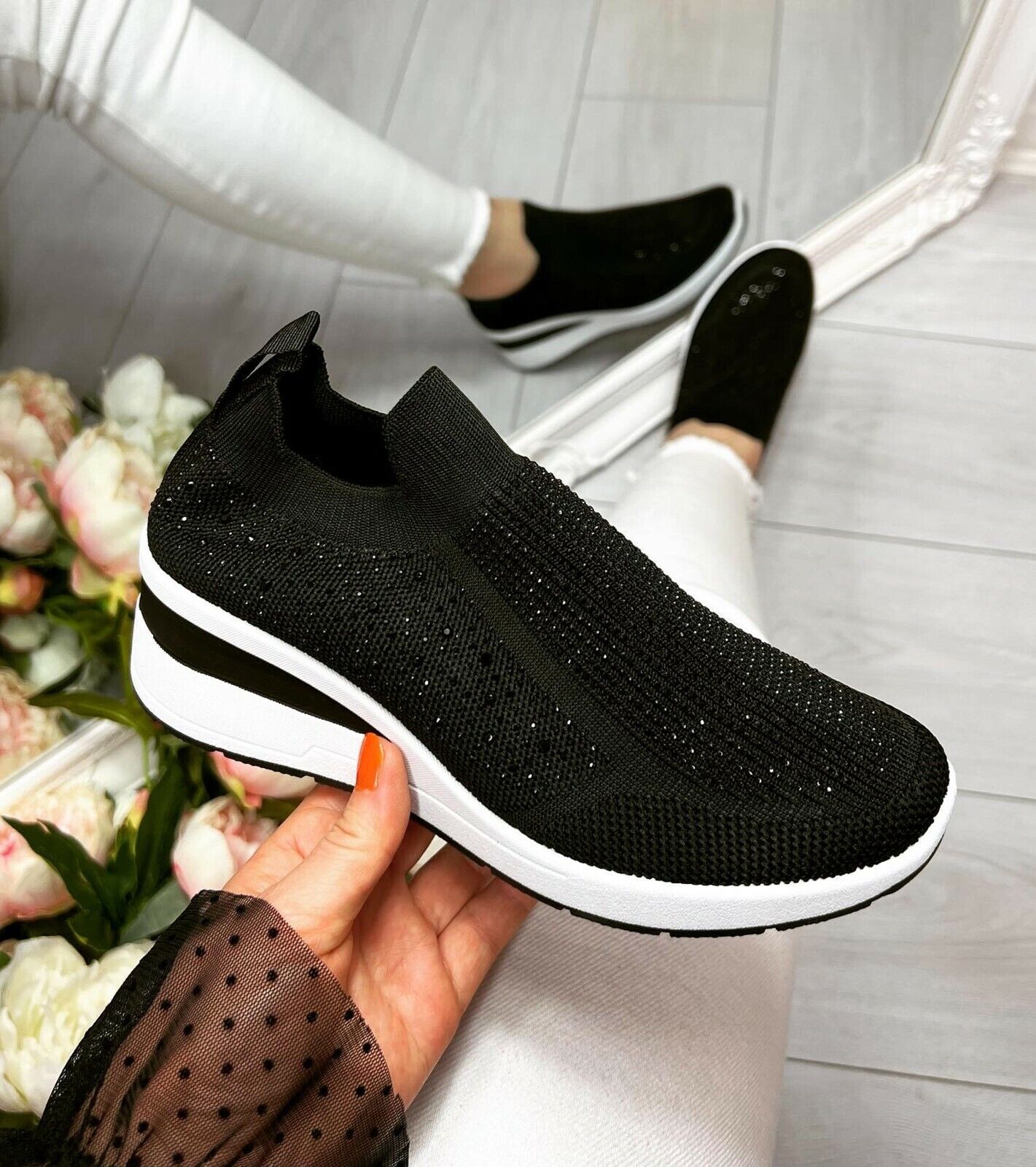 Thick-soled casual bright diamond flying woven shoes