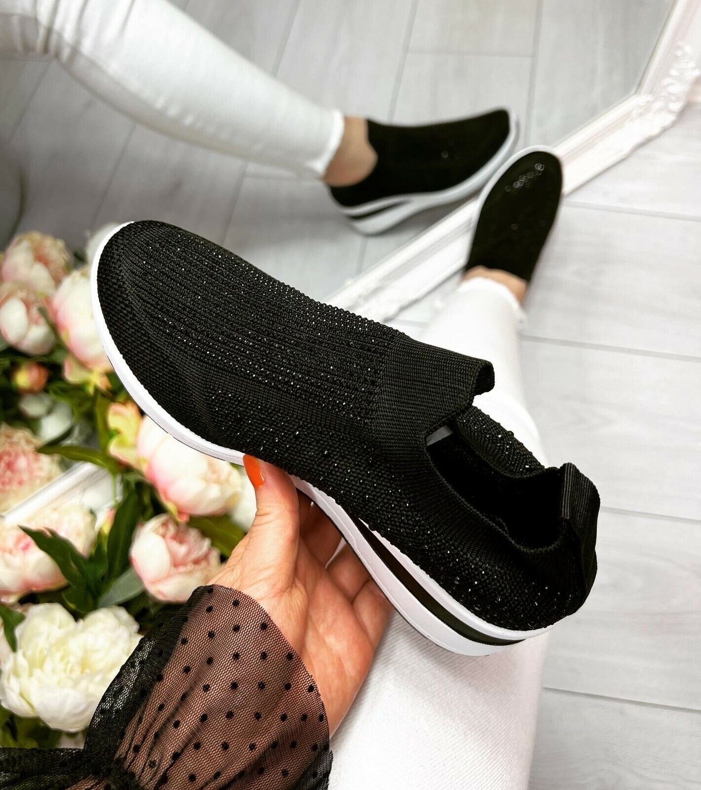 Thick-soled casual bright diamond flying woven shoes