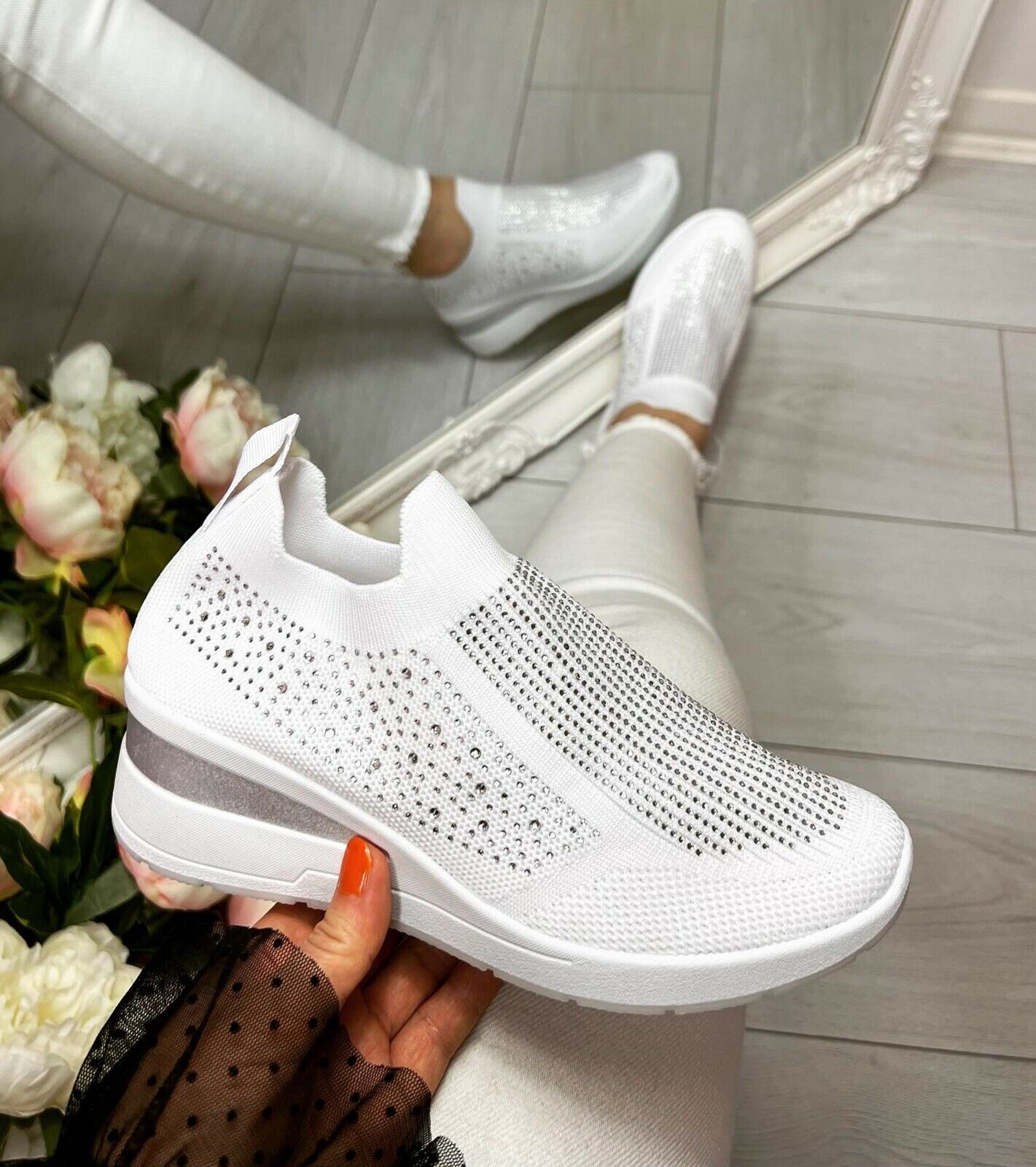 Thick-soled casual bright diamond flying woven shoes