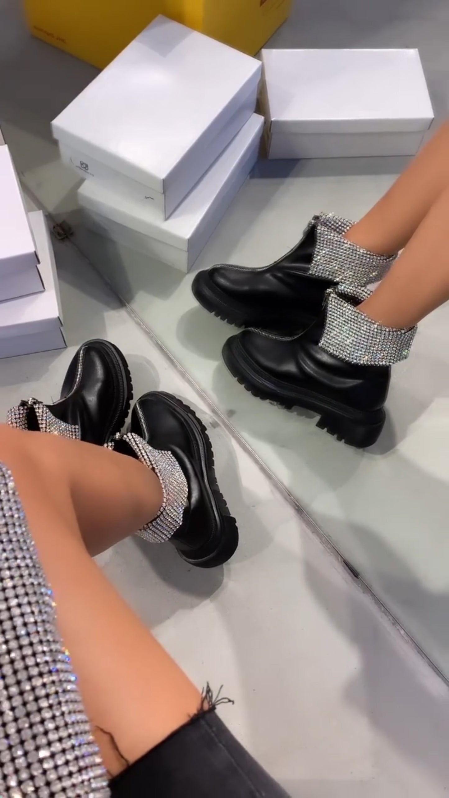 Shiny Diamond Patch Leather Boots