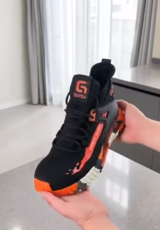 Orange flame high-top safety shoes
