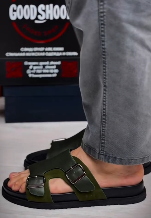 Men's high quality dark green leather slippers