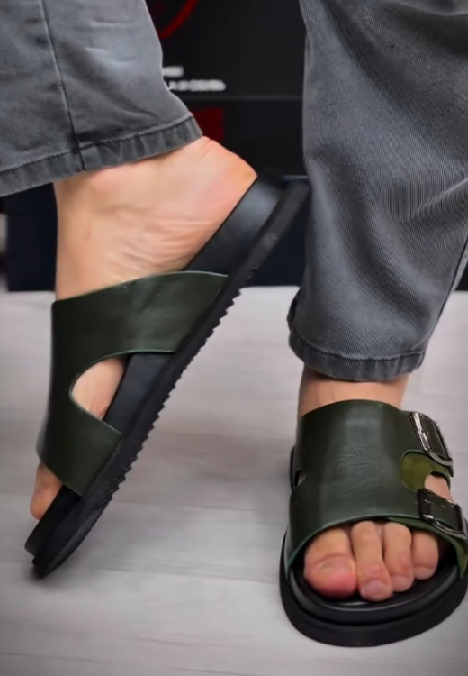Men's high quality dark green leather slippers