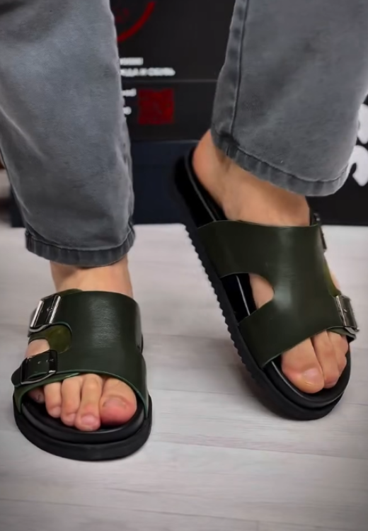 Men's high quality dark green leather slippers