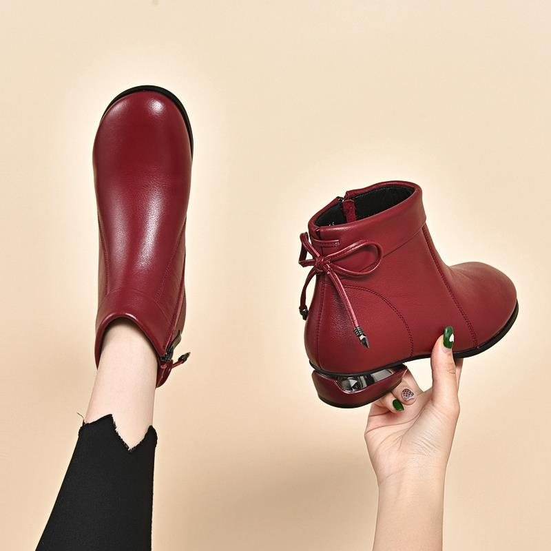 Low heel warm fleece leather casual boots