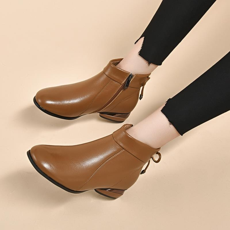 Low heel warm fleece leather casual boots