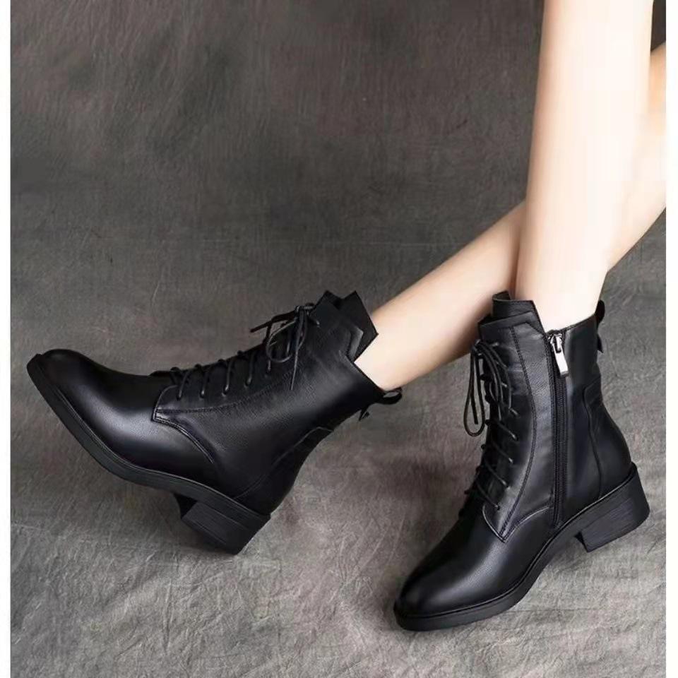 Black Low Heel Leather Casual Boots