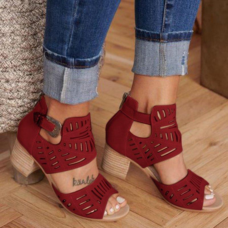 Hollow Carved Thick Heel Sandals
