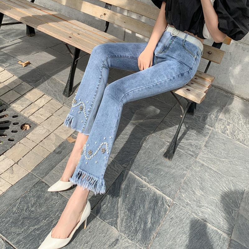 Beaded raw-edged casual jeans