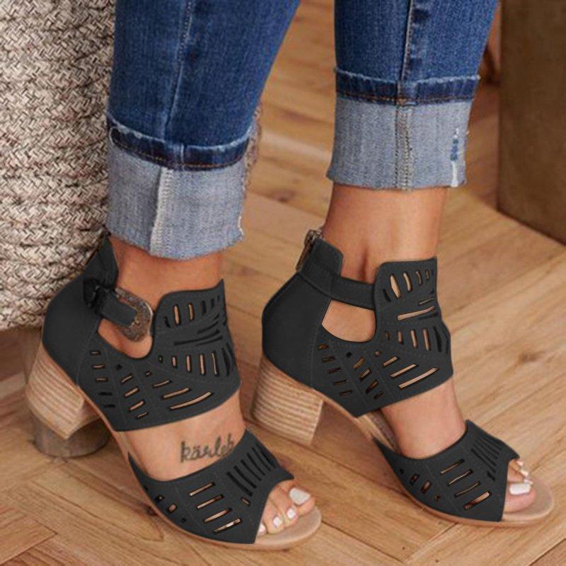 Hollow Carved Thick Heel Sandals
