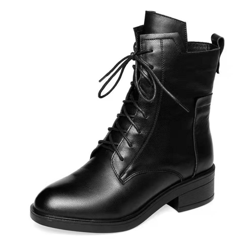 Black Low Heel Leather Casual Boots