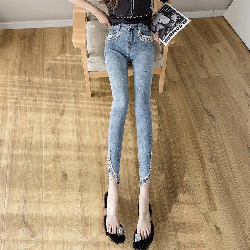 Delicate Studded Diamond Tassel Jeans