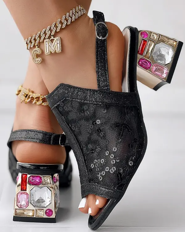 Sequin Fashion Block Heel Sandals