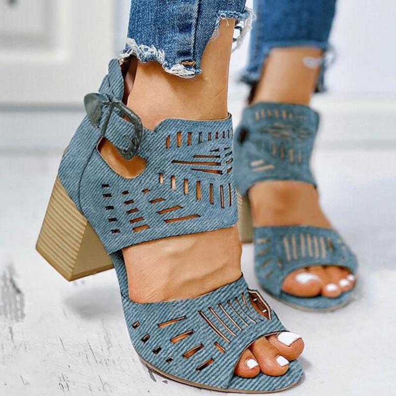 Hollow Carved Thick Heel Sandals