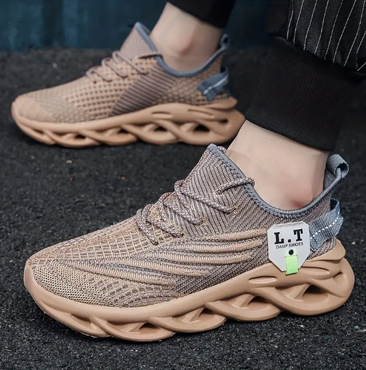 Khaki elastic sole mesh flying woven shoes