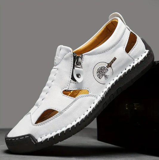 White Men's British Retro Slip-On Shoes - Zipper Closure Casual Shoes with PU