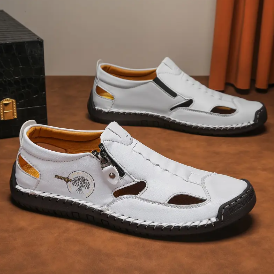 White Men's British Retro Slip-On Shoes - Zipper Closure Casual Shoes with PU