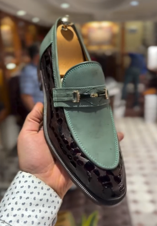 Men's green snake stitching leather shoes